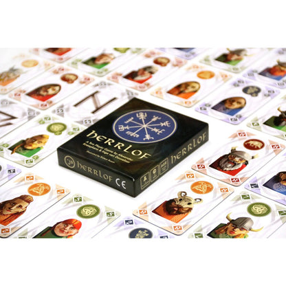 Herrlof card game box displayed among Viking-themed playing cards
