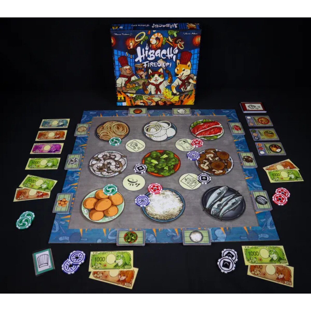 Hibachi Fired Up! game setup with cooking board, throwing chips, ingredient cards, recipes and paper Yen