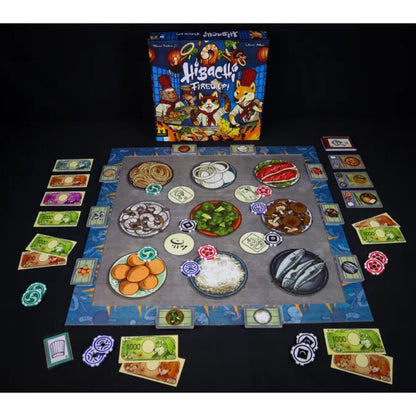 Hibachi Fired Up! game setup with cooking board, throwing chips, ingredient cards, recipes and paper Yen
