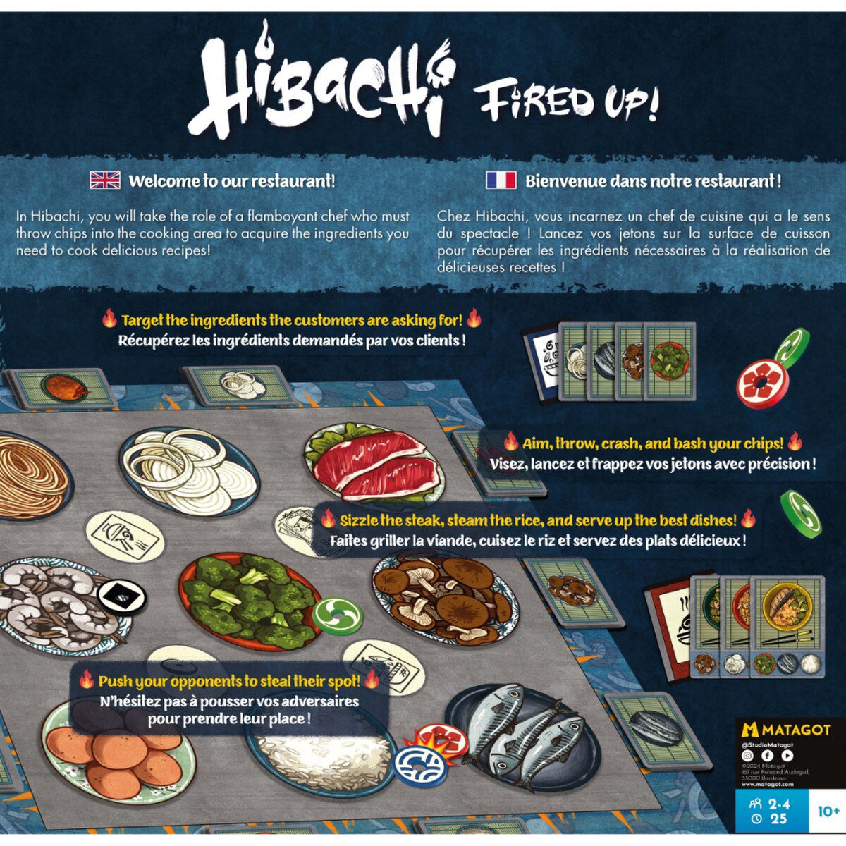 Hibachi Fired Up! gameplay showing ingredient spaces, throwing chips and recipe cards