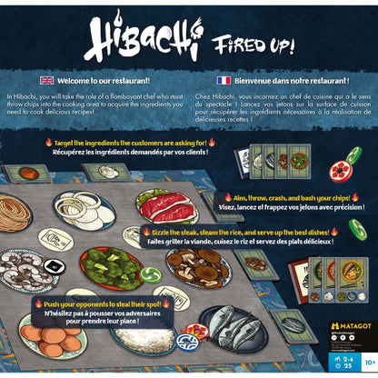 Hibachi Fired Up! gameplay showing ingredient spaces, throwing chips and recipe cards