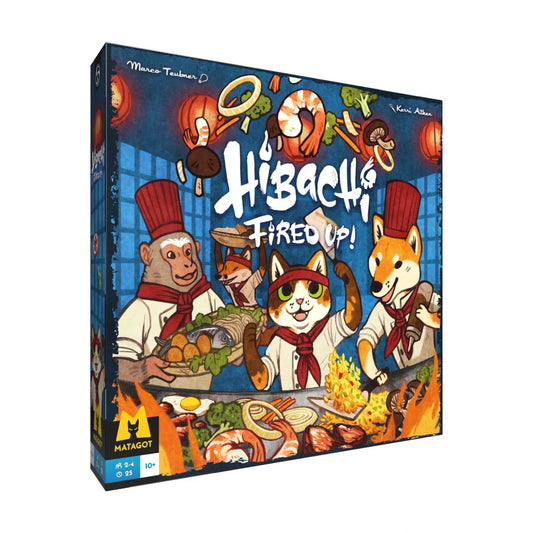 Hibachi Fired Up! dexterity board game box front featuring animal chefs at a hibachi grill