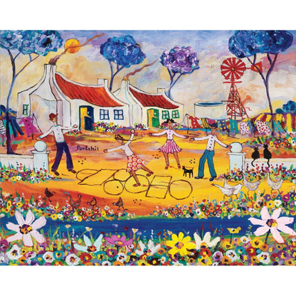 Completed Hopscotch by Portchie puzzle artwork showing children playing in a colourful village scene