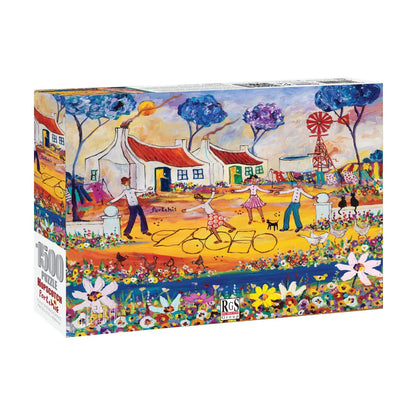 Hopscotch by Portchie 1500 piece puzzle box showing colourful South African village artwork