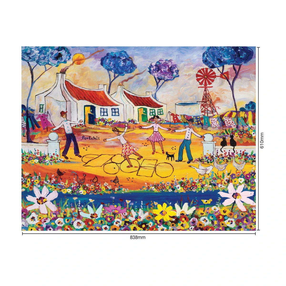 Hopscotch by Portchie 1500 piece puzzle size guide showing finished size 838 by 610 mm