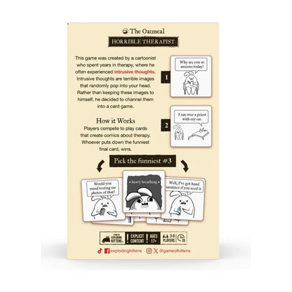 Back of Horrible Therapist Extra Horrible Edition box showing how the therapy comic card game works