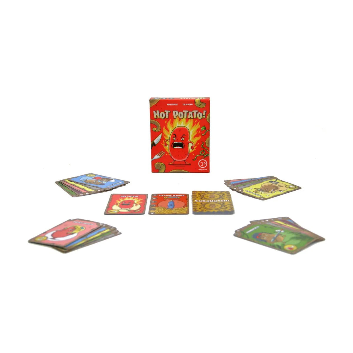 Hot Potato! card game box with colourful Potato and Encounter cards arranged for play