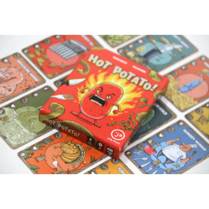Hot Potato! card game box resting on a spread of colourful illustrated Potato cards
