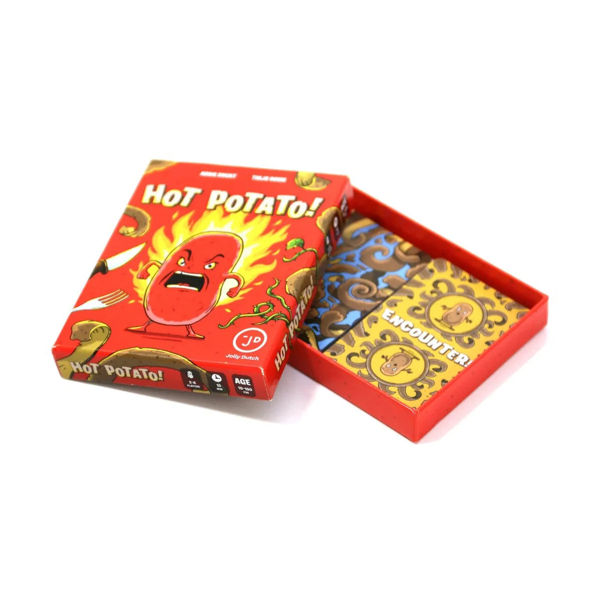 Hot Potato! card game open box showing colourful Encounter and Potato cards inside