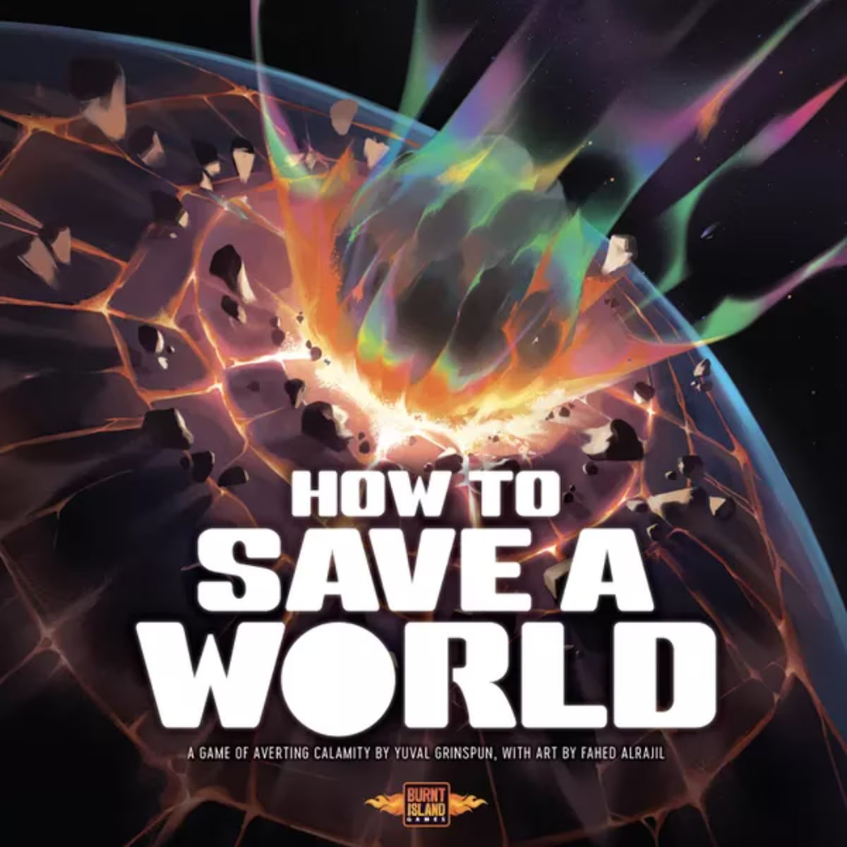 How to Save a World board game cover artwork showing an asteroid striking a planet