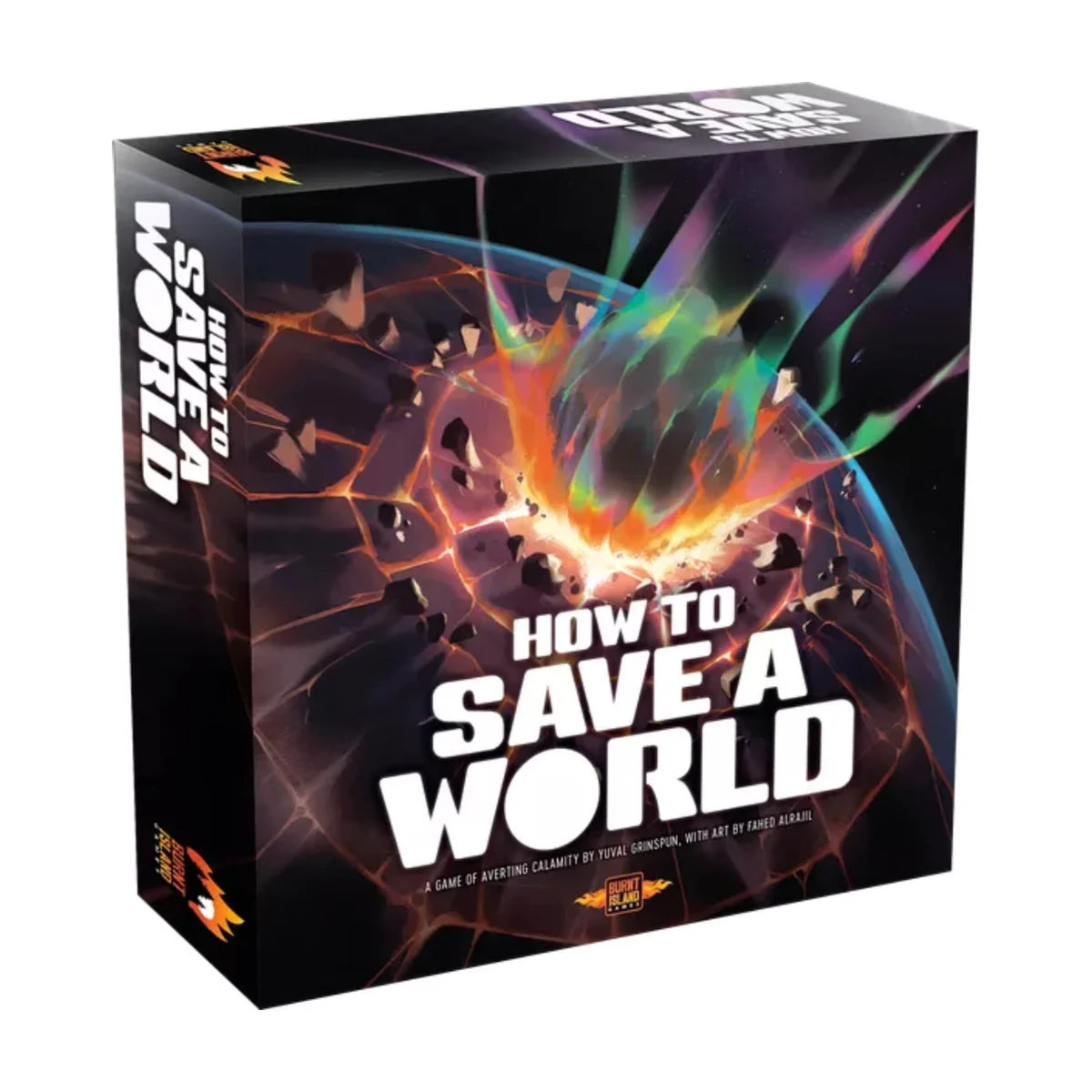 How to Save a World strategy board game box by Burnt Island Games featuring asteroid impact artwork