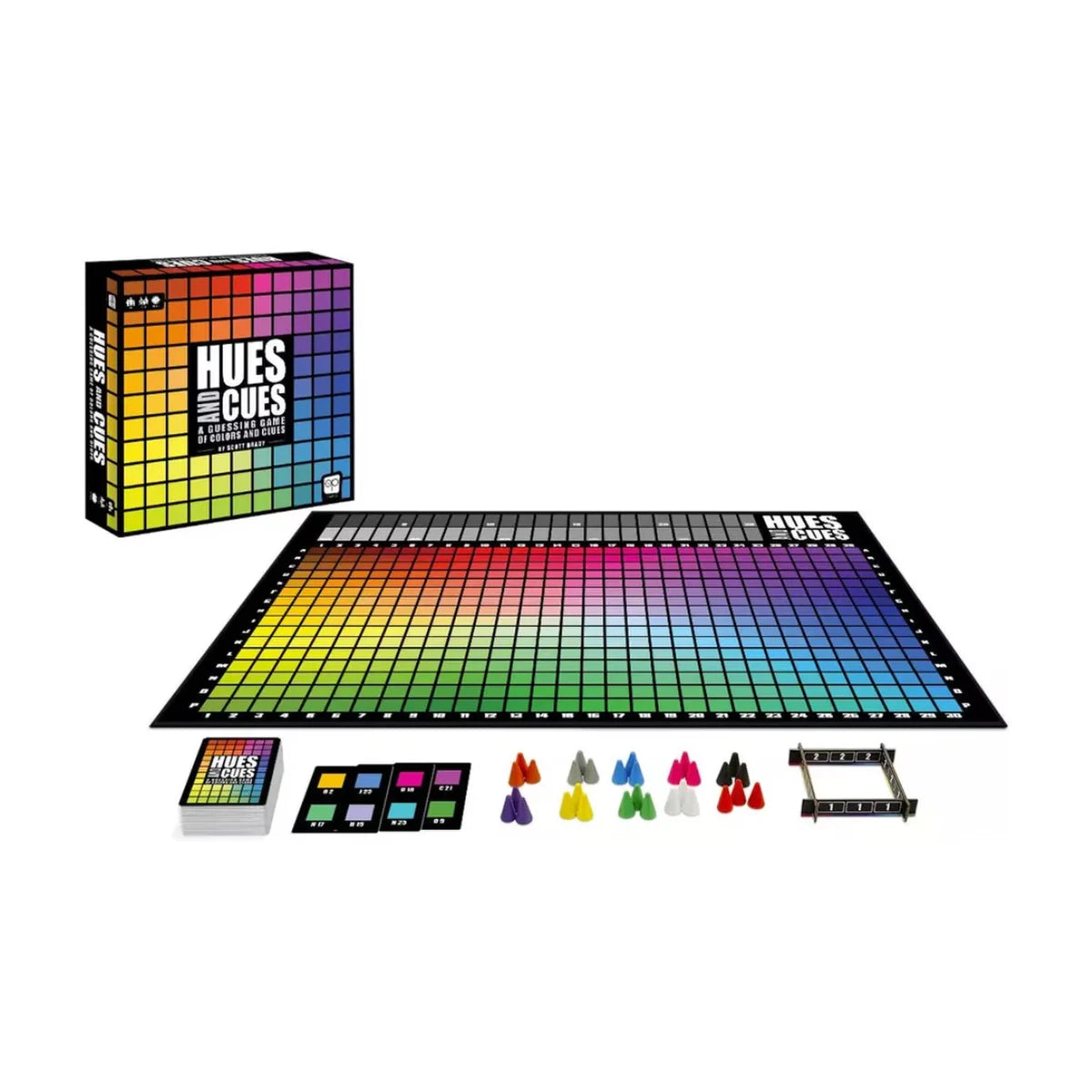 Hues and Cues game board, colour cards, player pieces and scoring frame