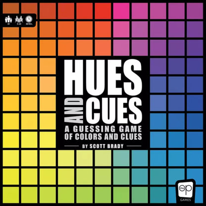 Hues and Cues board game front artwork with colourful grid design