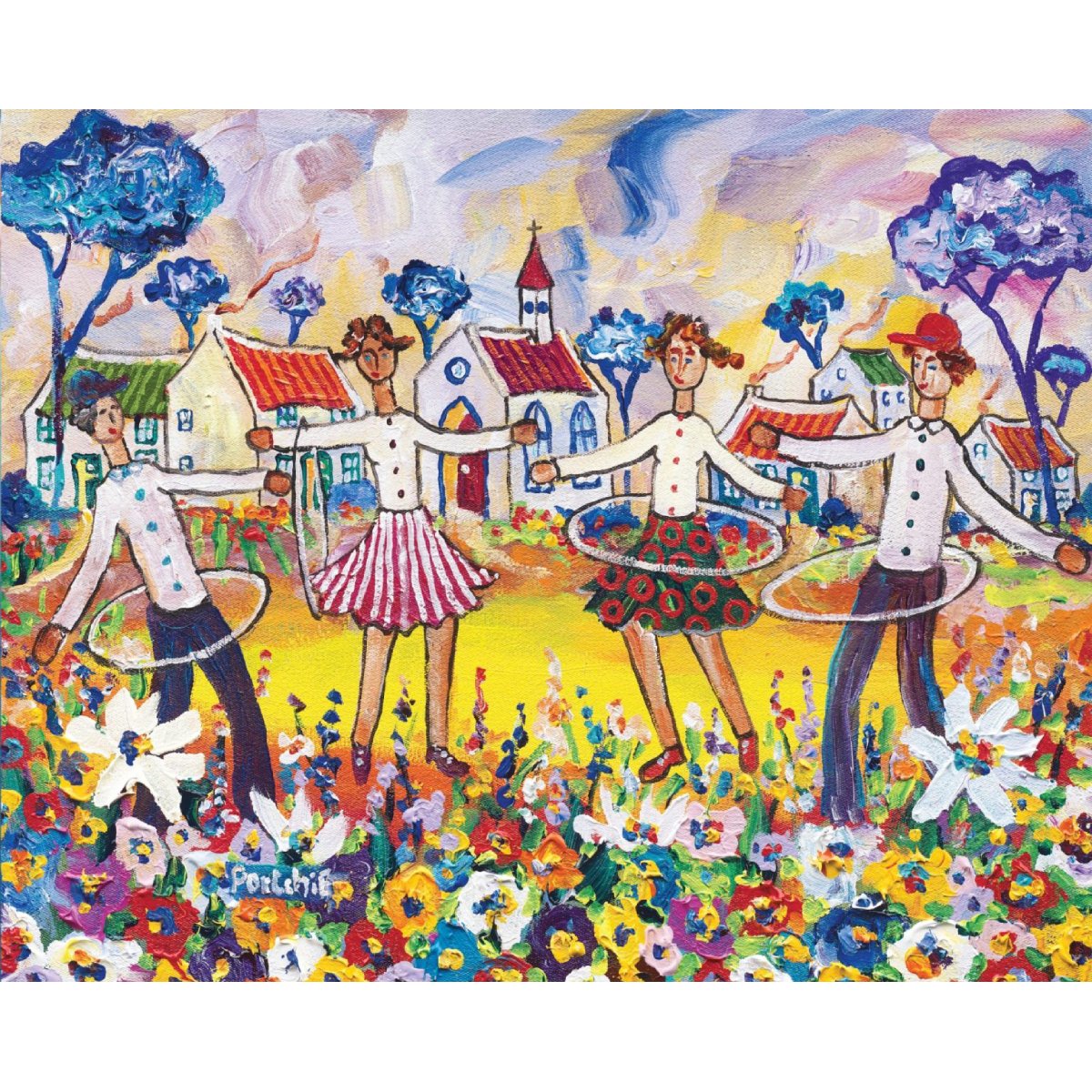 Completed Hula Harmony 1000pc jigsaw puzzle artwork showing people with hula hoops in a colourful village scene