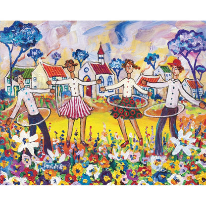 Completed Hula Harmony 1000pc jigsaw puzzle artwork showing people with hula hoops in a colourful village scene