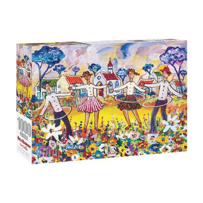 Hula Harmony 1000pc jigsaw puzzle box showing colourful Portchie artwork with hula hoops and flowers