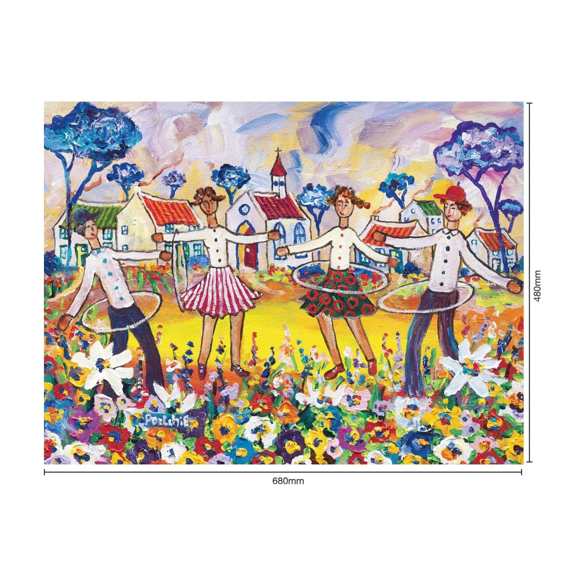 Hula Harmony 1000pc jigsaw puzzle size guide showing finished size 680 by 480 mm