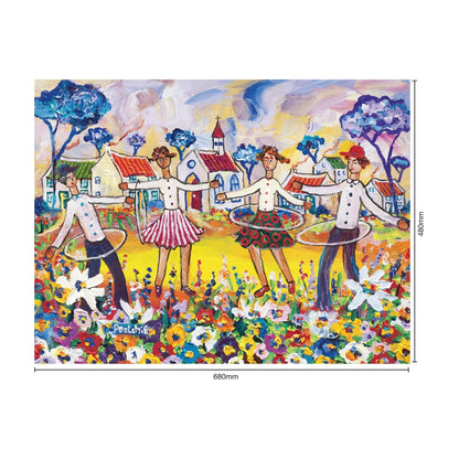 Hula Harmony 1000pc jigsaw puzzle size guide showing finished size 680 by 480 mm