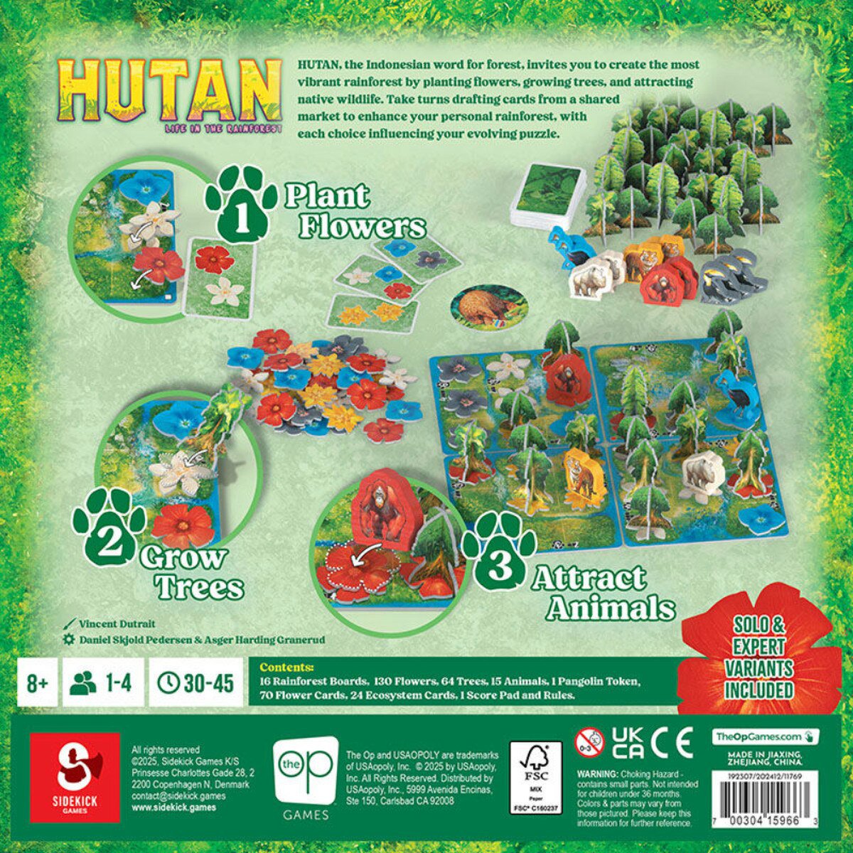 HUTAN Life in the Rainforest back of box showing plant flowers, grow trees and attract animals gameplay overview