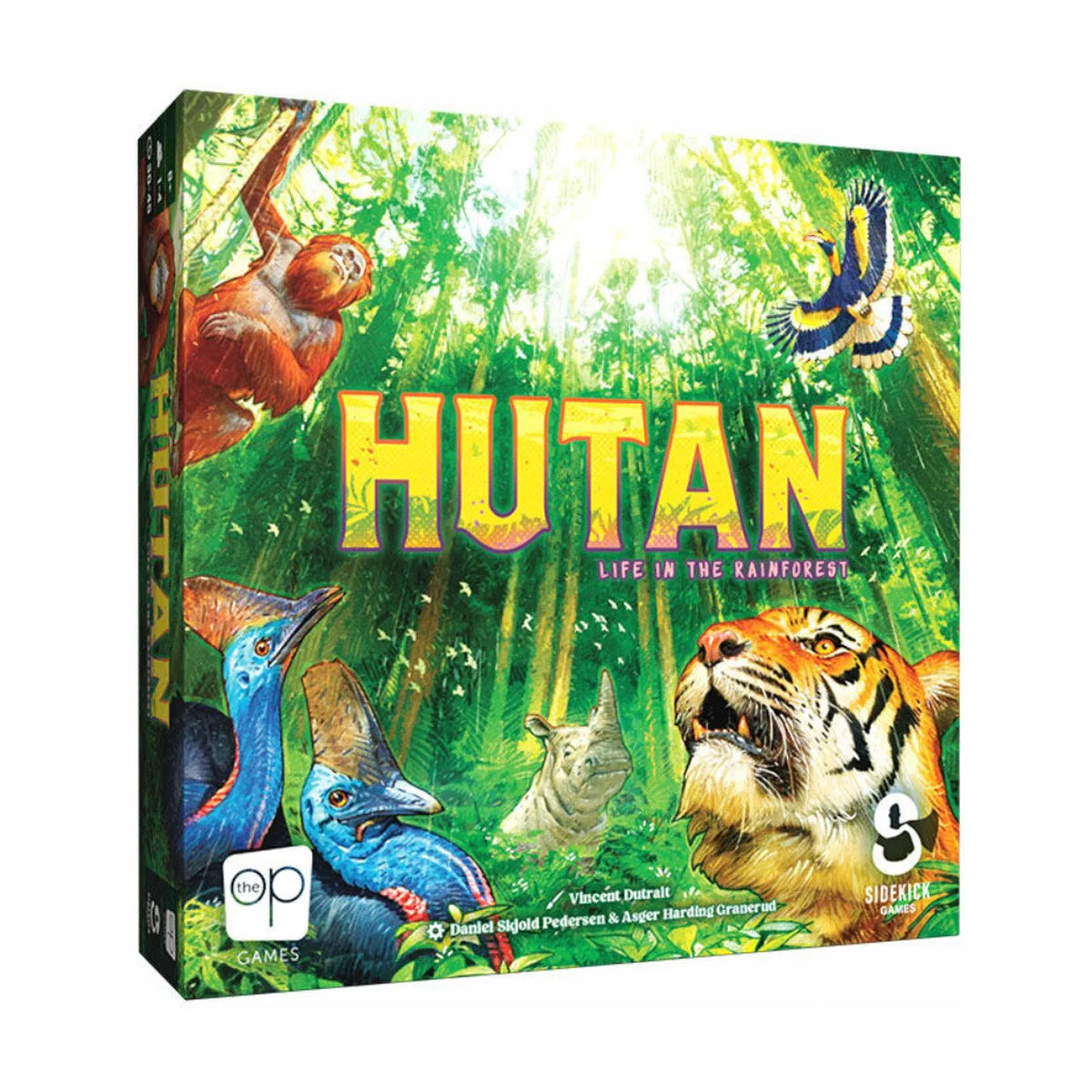 HUTAN Life in the Rainforest board game angled box with orangutan, tiger, hornbill, cassowary and rhino artwork