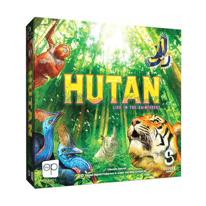 HUTAN Life in the Rainforest board game angled box with orangutan, tiger, hornbill, cassowary and rhino artwork