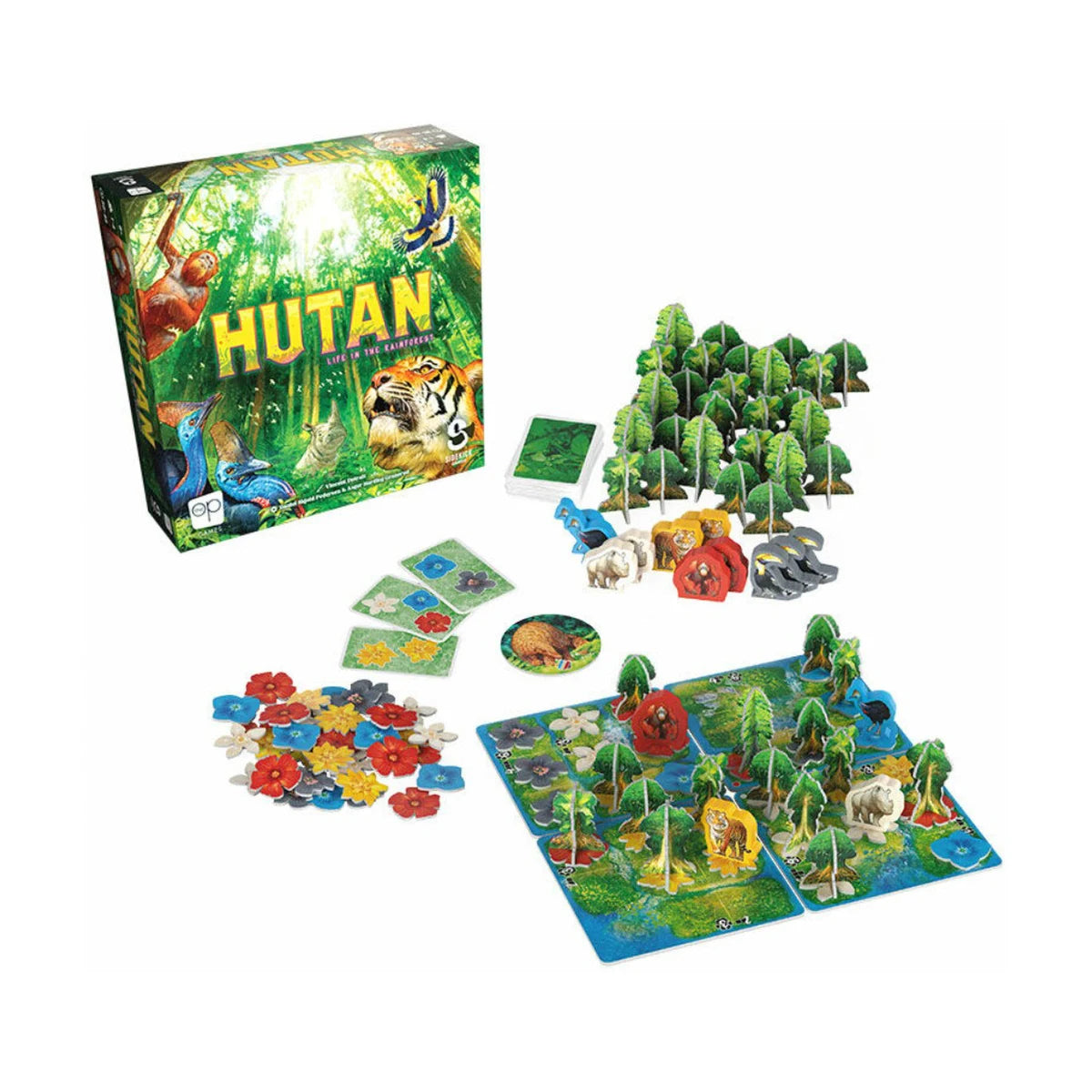 HUTAN Life in the Rainforest board game full setup with box, rainforest boards, flowers, trees and animals