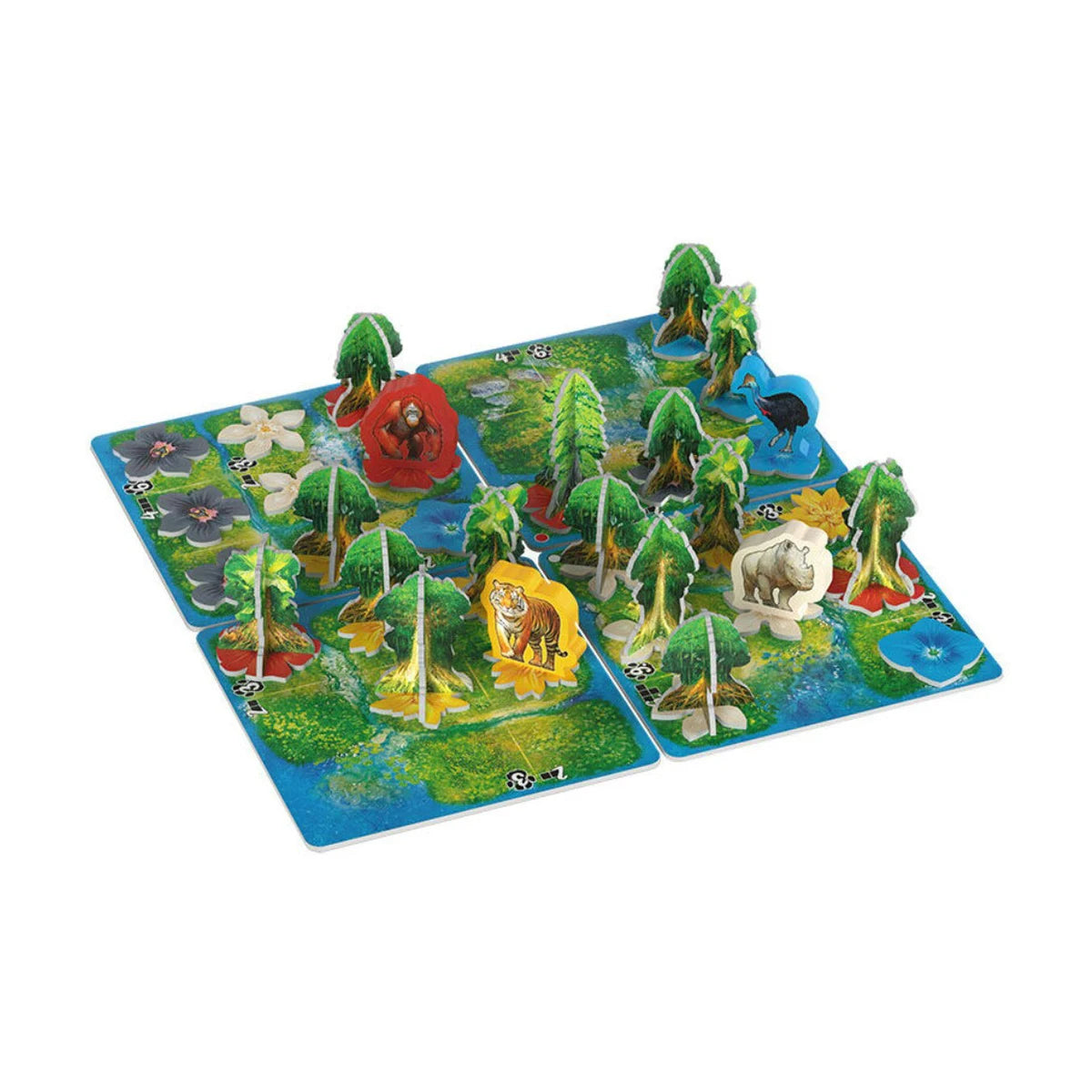 HUTAN Life in the Rainforest gameplay showing rainforest tiles, trees, flowers and animal pieces