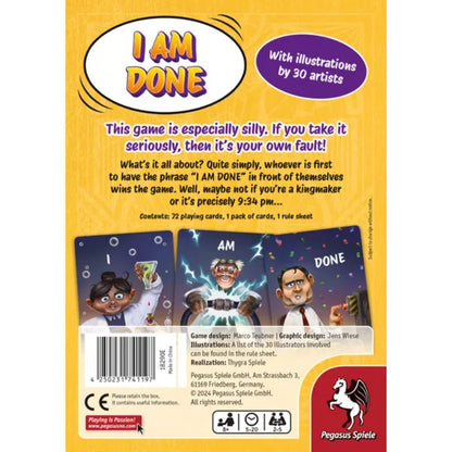 I AM DONE card game box back with contents and silly game description