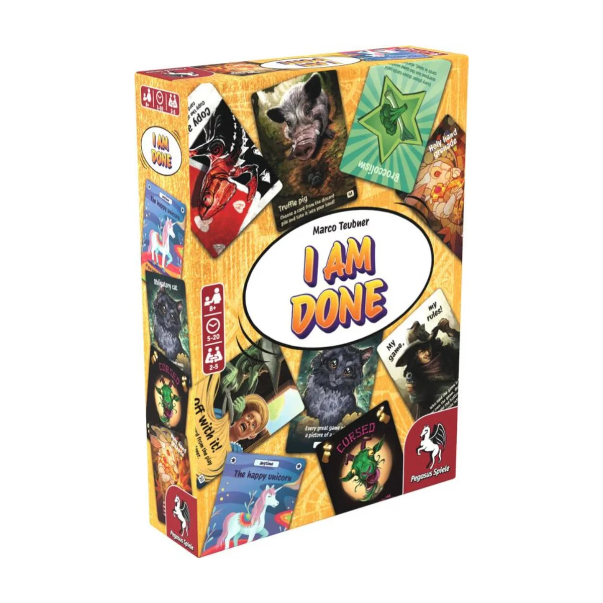 I AM DONE silly party card game box front by Pegasus Spiele