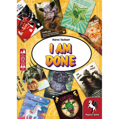 I AM DONE card game front artwork showing colourful chaotic playing cards