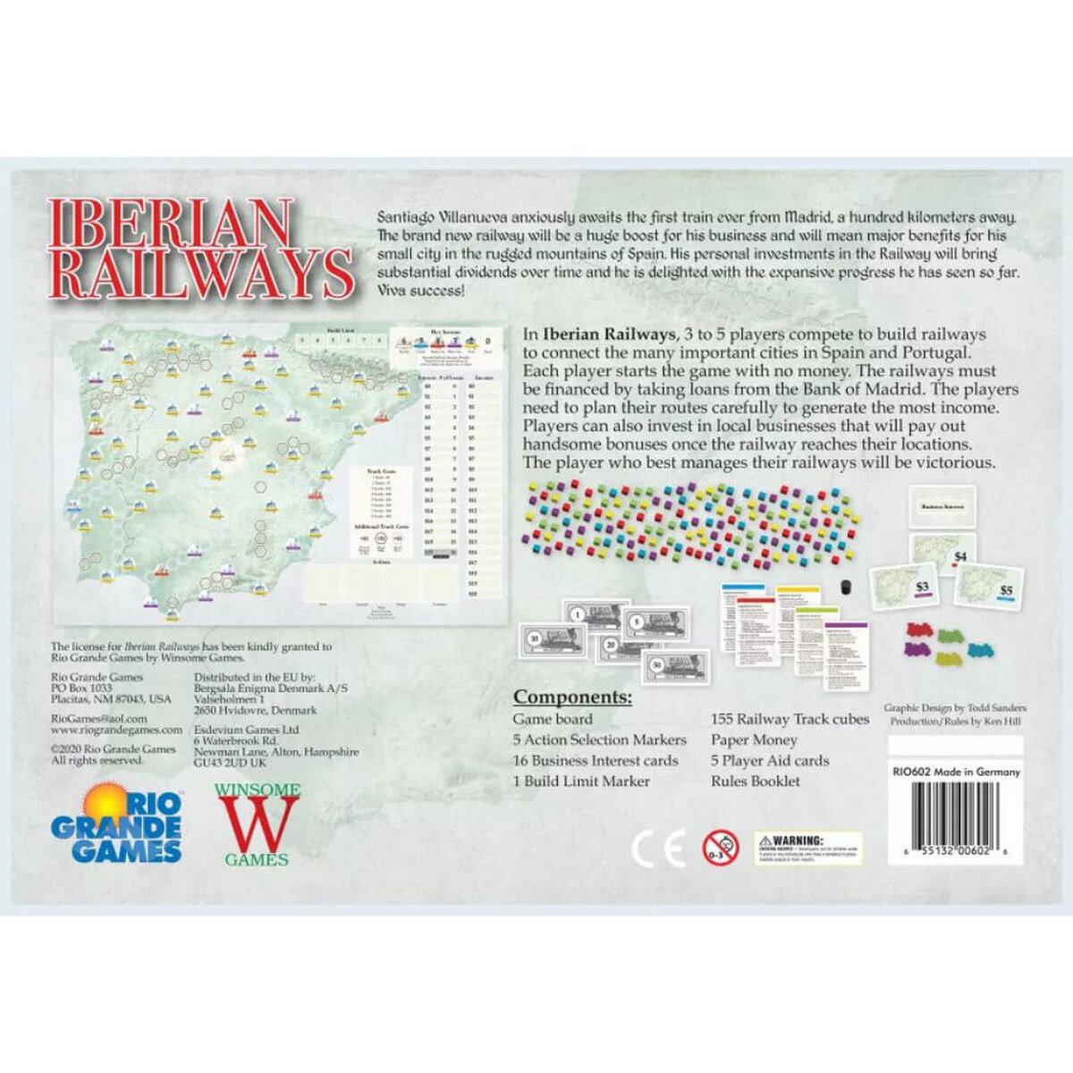 Iberian Railways board game back box showing Spain and Portugal railway map, components and game summary