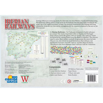 Iberian Railways board game back box showing Spain and Portugal railway map, components and game summary