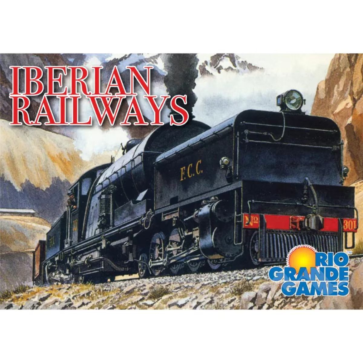 Iberian Railways train strategy board game front cover showing steam locomotive artwork by Rio Grande Games