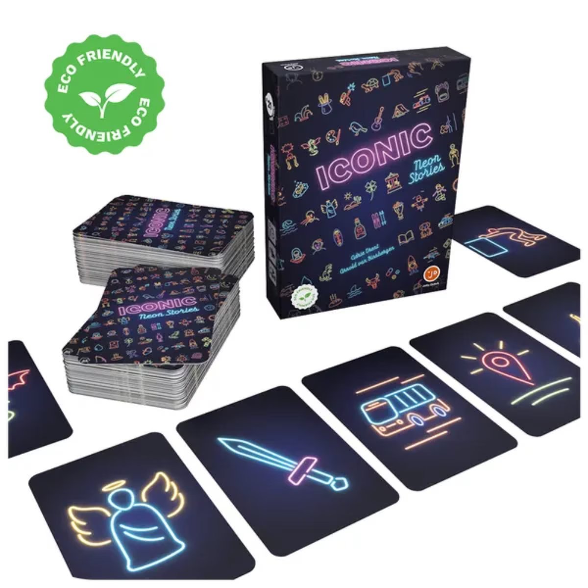 Iconic Neon Stories Party Game box with stacks of cards and colourful neon icon cards