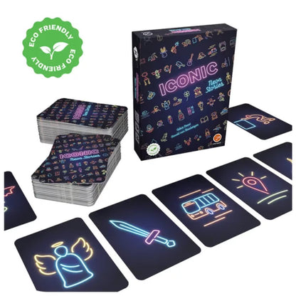 Iconic Neon Stories Party Game box with stacks of cards and colourful neon icon cards