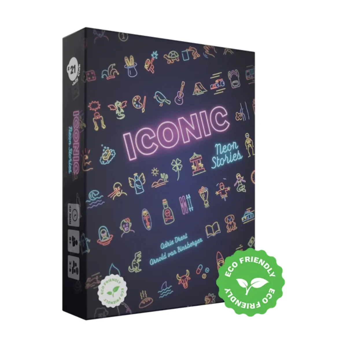 Iconic Neon Stories Party Game box by Jolly Dutch with colourful neon icon artwork