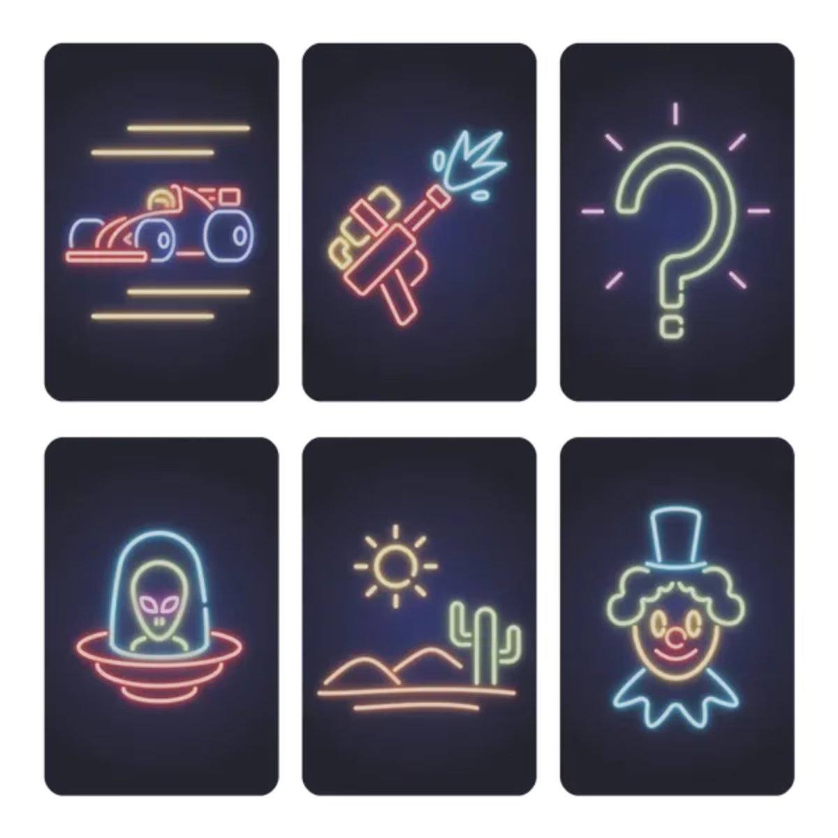 Iconic Neon Stories cards showing colourful neon icons including a racing car, cactus, alien and clown