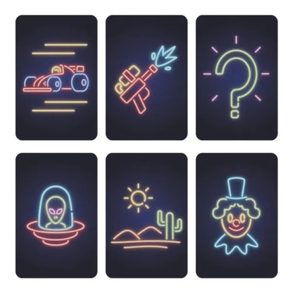 Iconic Neon Stories cards showing colourful neon icons including a racing car, cactus, alien and clown