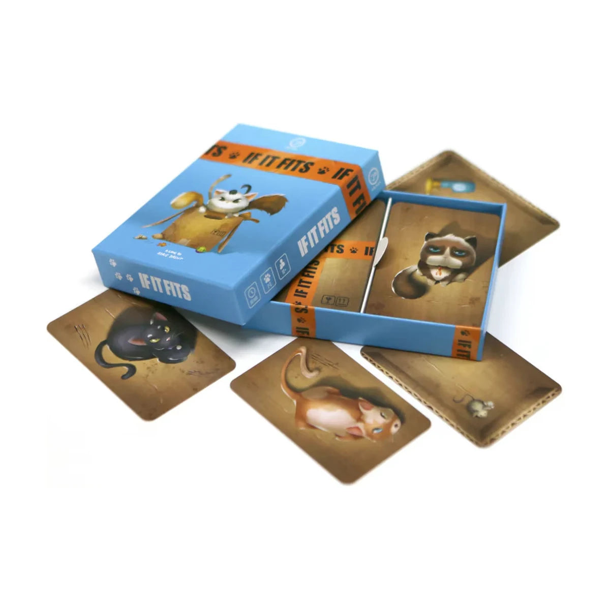 If It Fits Card Game open box with illustrated cat cards and cardboard box cards