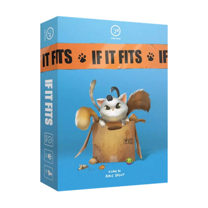 If It Fits Card Game box by Jolly Dutch featuring a cat sitting inside a cardboard box