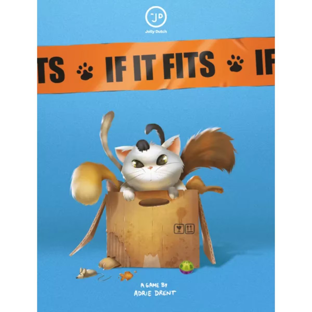 If It Fits Card Game cover artwork showing a cat sitting in a cardboard box with toys nearby
