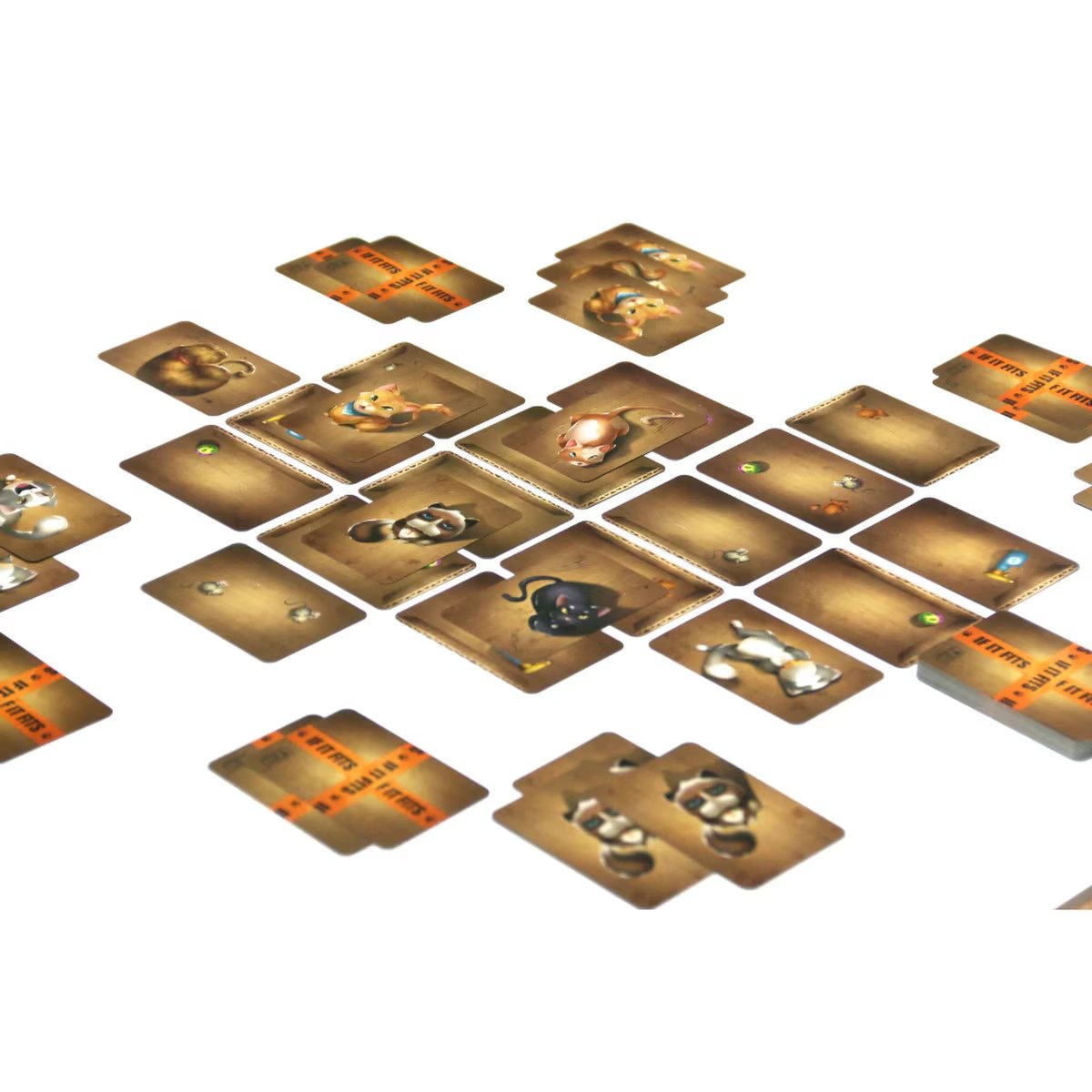 If It Fits Card Game layout showing connected cardboard cards and cats placed across the boxes