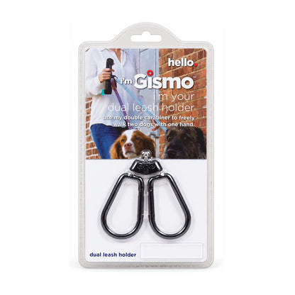 i'm Gismo Dual Leash Carabiner Connector in retail packaging for walking two dogs with one hand