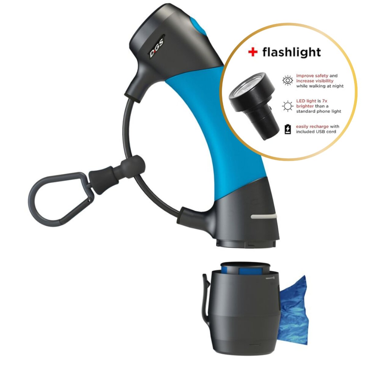 i'm Gismo rechargeable flashlight connectable shown with compatible i'm Gismo Handle and poop bag dispenser