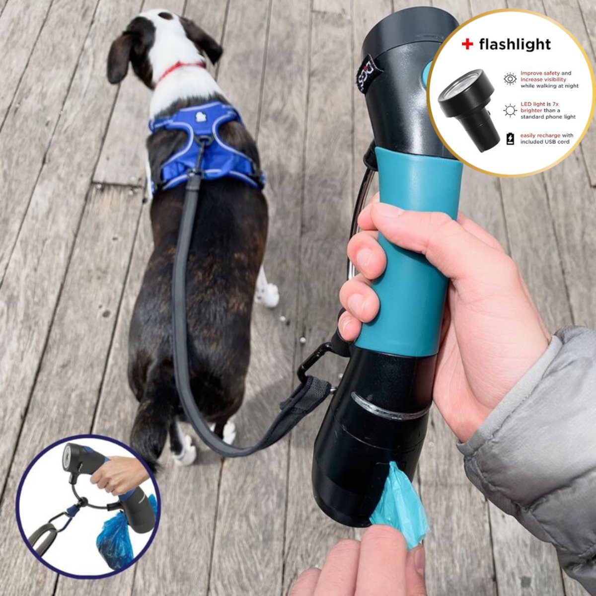 i'm Gismo flashlight connectable attached to the dog walking handle for visibility and hands-free night walks
