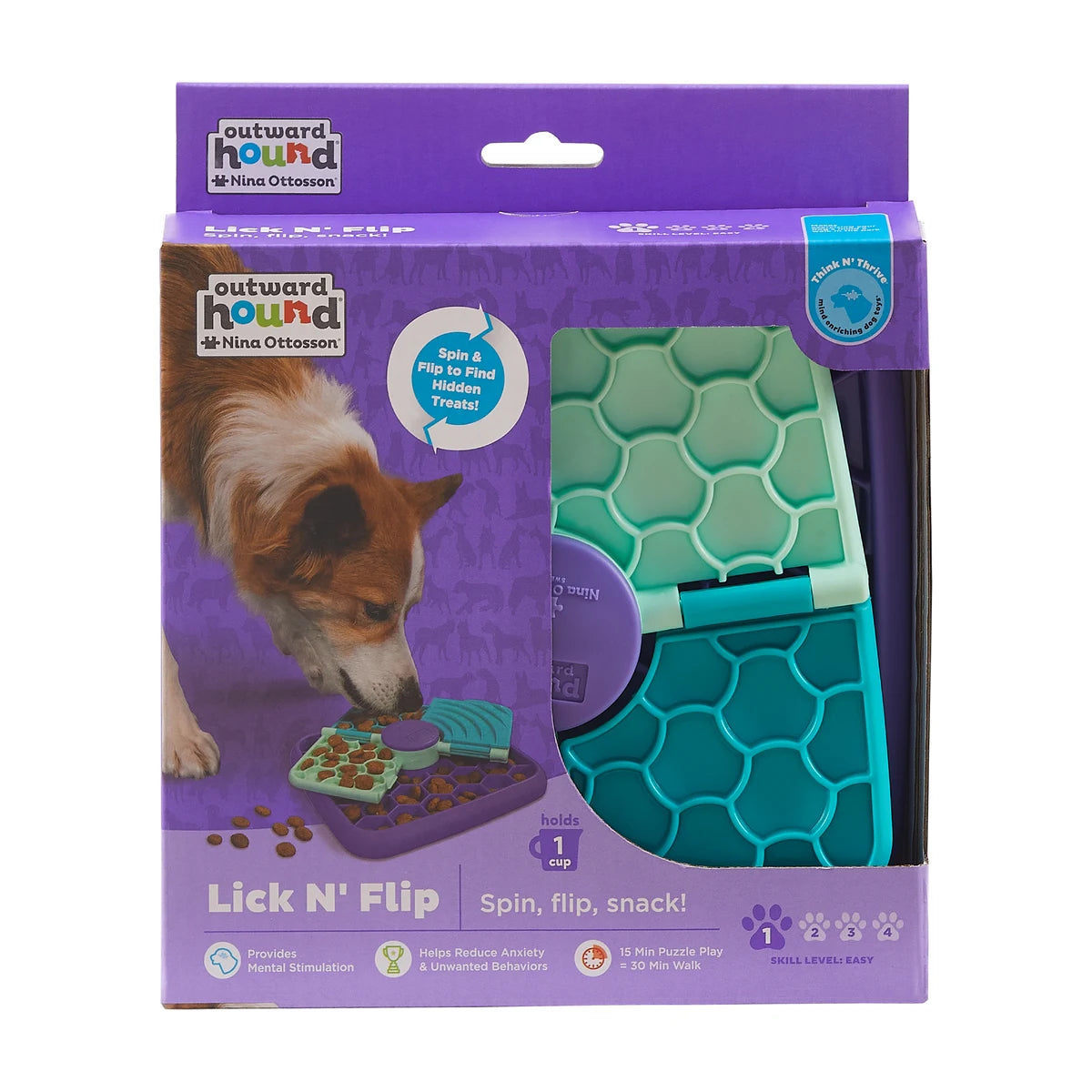 Nina Ottosson Lick N’ Flip dog puzzle feeder in original Outward Hound packaging