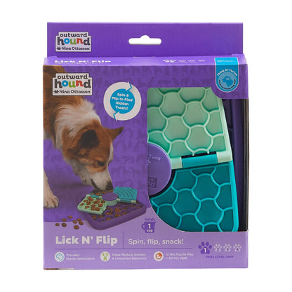 Nina Ottosson Lick N’ Flip dog puzzle feeder in original Outward Hound packaging