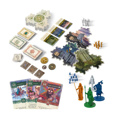 Inis 3rd Edition board game components with territory tiles, cards, tokens and clan miniatures