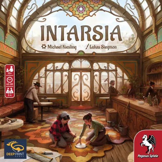 Intarsia board game box cover showing the Café de Paris parquet floor theme