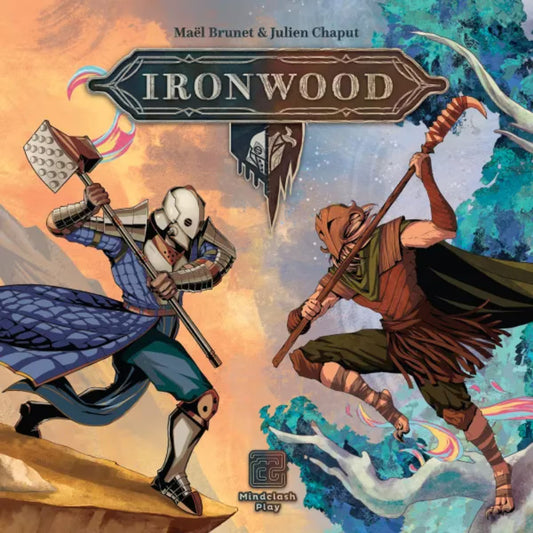 Ironwood board game cover showing Ironclad and Woodwalker factions in a fantasy tactical duel